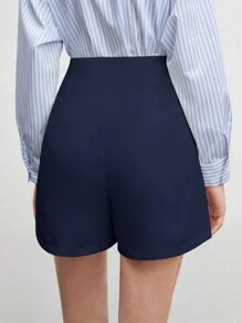 BizChic 女士纯色褶皱短裤，都市通勤简约优雅时尚教师装，商务休闲办公装，秋季款 - 藏蓝色 - 查看 2