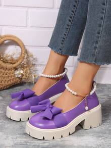 女士时尚百搭厚底坡跟凉鞋，休闲户外装，大码，适合搭配连衣裙，青少年风格，夏季海滩/度假，一脚蹬，防滑，舒适，纯色 PU 凉鞋 - 紫色 - 查看 5