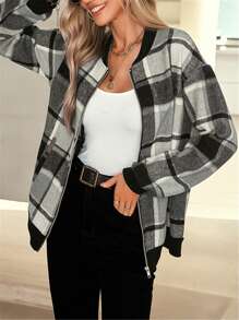 Women's Long Sleeve Checkered Jacket - Black - View 1