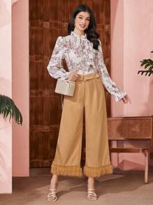 Seusyu Women'S High-Waisted Folded Waistband Frayed Hem Wide Leg Pants Fall Cloth For Women - Yellow - View 6