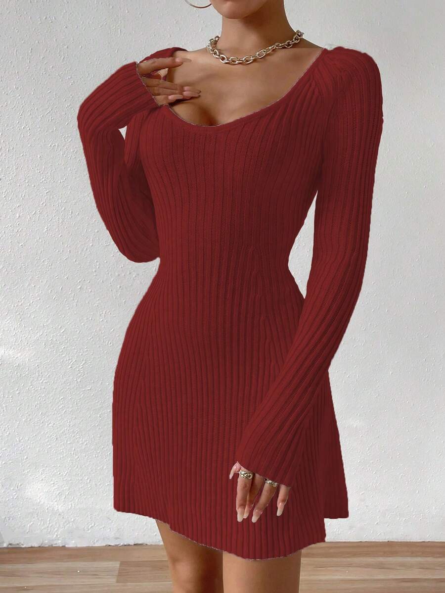 SHEIN Unity Solid Color Ribbed Knit Sweater Dress - Burgundy - View 1