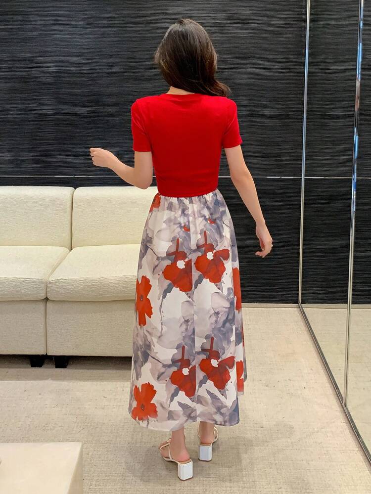 Women's Solid Color Top And Floral Print Skirt Set,Women Two Piece Sets
