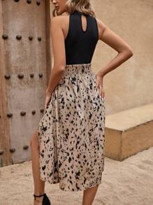 EMERY ROSE Printed Patchwork Wrap Split Dress Maxi Women Outfit - Black - View 2