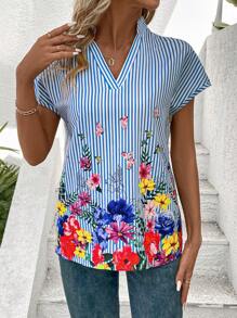 EMERY ROSE Quý cô Sọc Hoa In tay cánh Áo sơ mi - Màu xanh lam - Xem 4