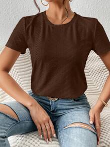 SHEIN Frenchy Màu thuần Xu hướng: Cắt giảm Thêu Áo thun - Cà phê nâu - Xem 3