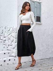 SHEIN LUNE 女款束口腰帶裙子,腰部有雙口袋 - 黑色 - 查看 4