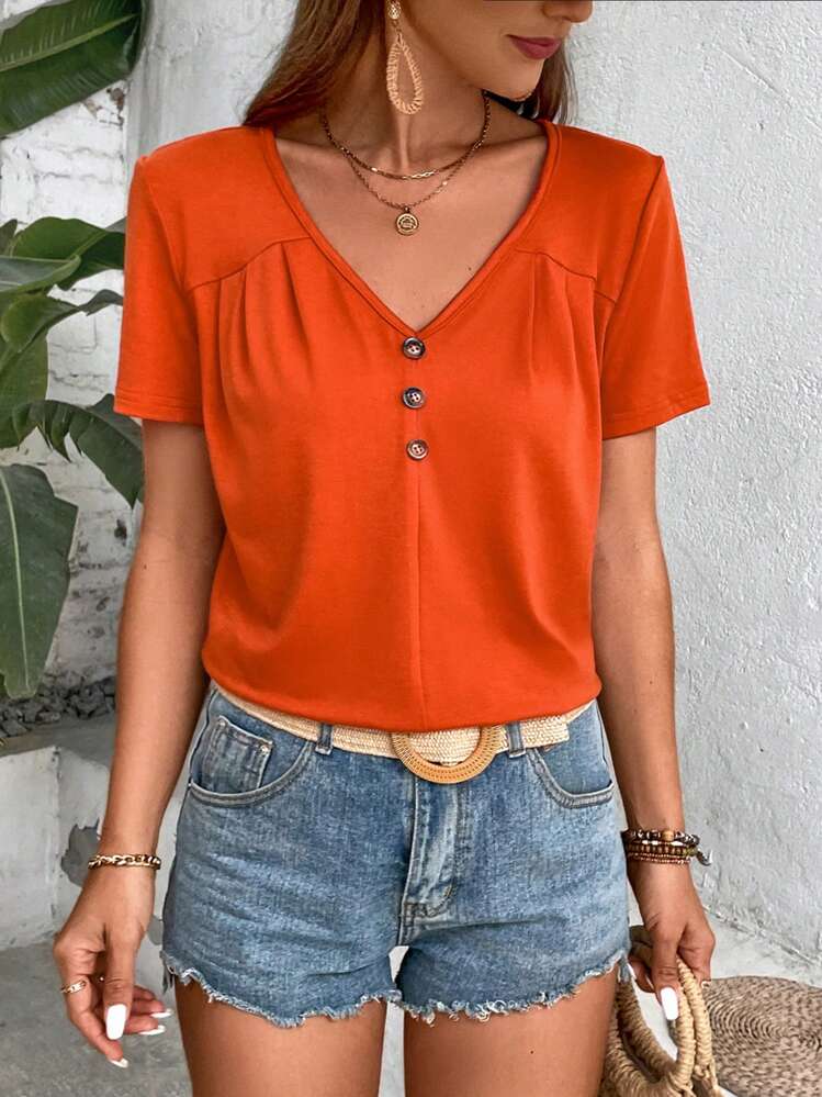 SHEIN LUNE Camiseta De Manga Corta Con Escote En V Con Detalle De Botón - Naranja - Ver 1