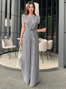 DAZY Bộ đồ liền thân kẻ sọc thắt lưng cho nữ, quần yếm xếp nếp cho nữ - Đen và trắng - Xem 4