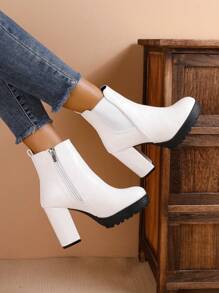 女性厚底高跟防水平臺圓頭彈力側拉鍊時尚白色靴子,適用於春季、秋季、冬季 - 白色 - 查看 9