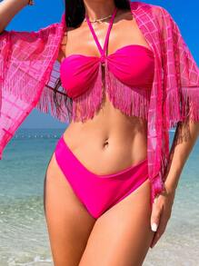 SHEIN Swim Fringe Decor Halter Bikini Set And Mesh Swimwear Cover-Up Skirt Valentine Summer - Hot Pink - View 5