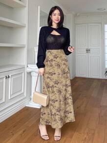 DAZY Damen Knielanges Rock mit Blumendruck für den Herbst