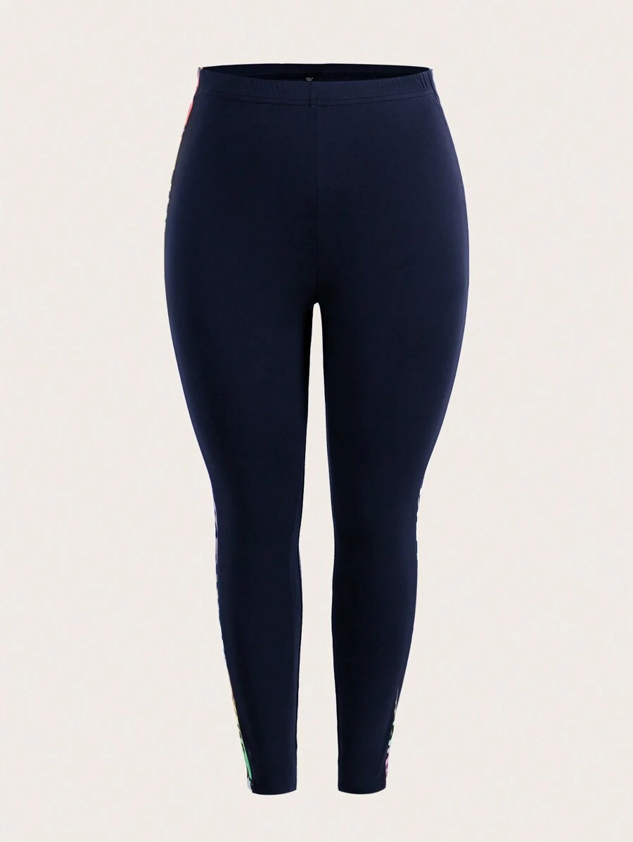 SHEIN EZwear Plus Size Leopard Patchwork Leggings - Navy Blue - View 1