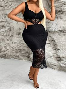 Allurite Bộ áo ba lỗ ren viền bất đối xứng và chân váy bó sát hai mảnh dành cho nữ cỡ lớn - màu đen - Xem 4