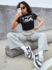 Teen Girl Portrait Pattern Ribbed T-Shirt And Pocket Wide-Leg Pants Two-Piece Set - Multicolor - View 5
