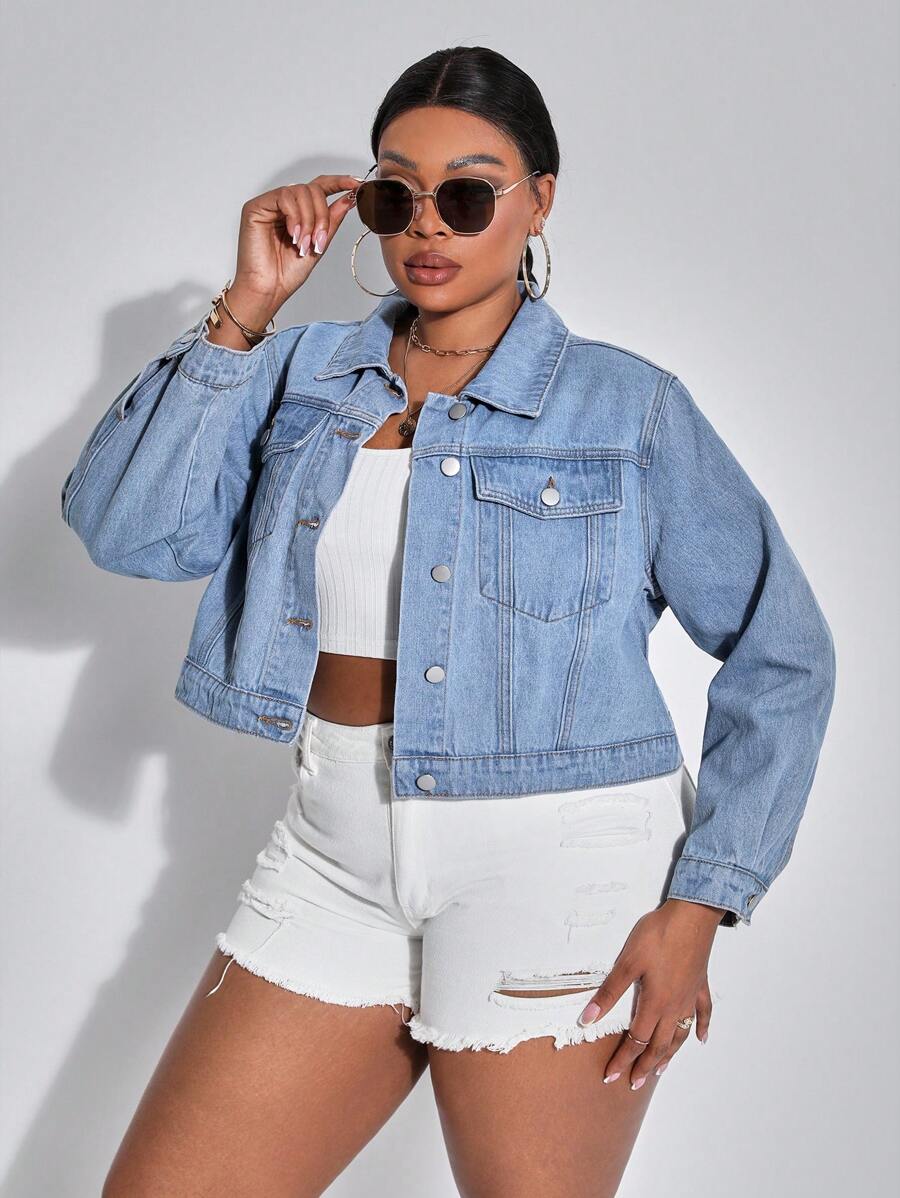 SHEIN SXY 大尺碼女士無彈力牛仔外套,修身百搭 - 藍色 - 查看 1