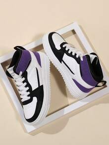 女士時尚高筒運動鞋,簡約色塊街頭風格綁帶運動鞋,舒適輕量紫黑色滑板鞋 - 黑紫色 - 查看 5