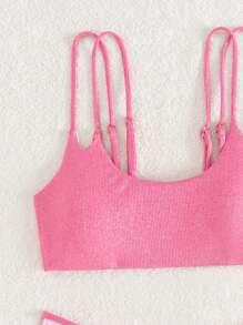 SHEIN Swim Women's High Neck Ribbed Bikini Set Summer Beach - Hot Pink - View 7