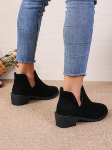 女式純色粗跟尖頭休閒英倫風舒適踝靴和短靴,黑色 - 黑色 - 查看 2