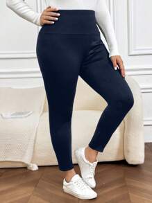 SHEIN LUNE 大码纯色保暖内衬紧身裤 - 藏蓝色 - 查看 5