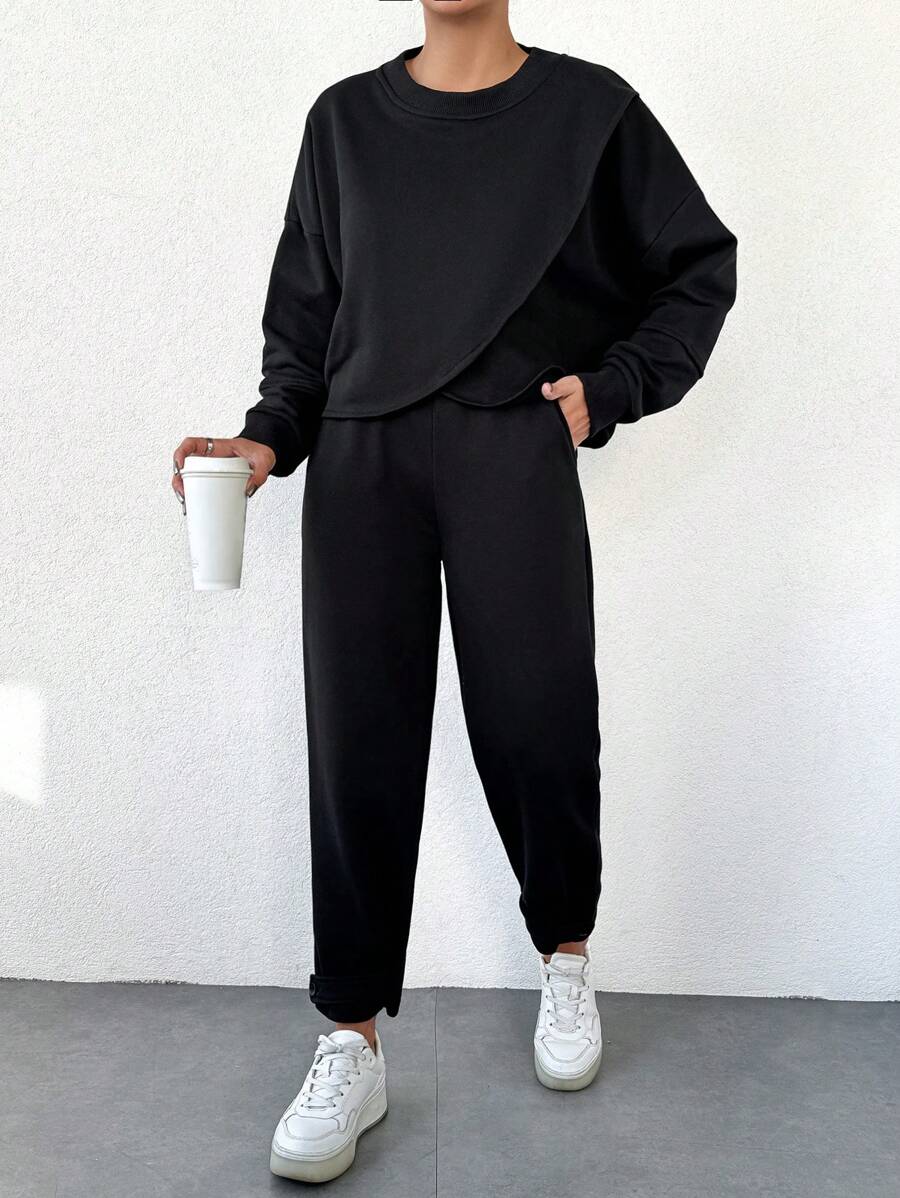 RueChic Women's Wraparound Long Sleeve Sweatshirt And Tracksuit Pants Set - Black - View 1