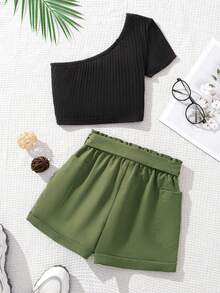 SHEIN Conjunto De Top De Un Hombro De Punto De Color Sólido Para Niñas Preadolescentes Y Pantalones Cortos Tejidos De Dos Bolsillos De Color Sólido - Multicolor - Ver 2