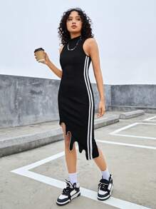 少女针织纯色拼布立领不对称下摆连衣裙