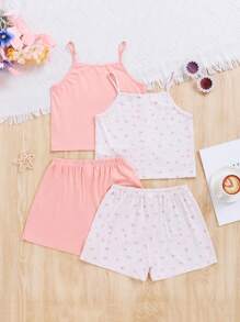 SHEIN Leap Crew 4pcs Tween Girls' Daily Casual Knitted Tank Top And Shorts Pajama Set - Multicolor - View 2