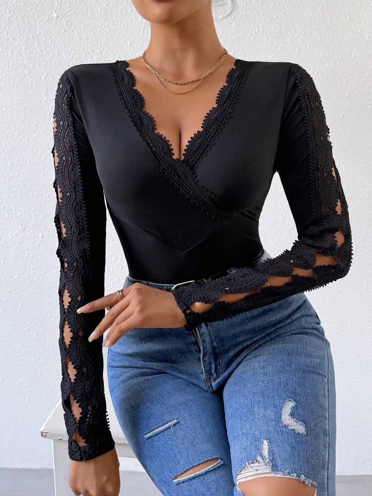 Women's Long Sleeve Lace Spliced Bodysuit Fall Cloth For Women