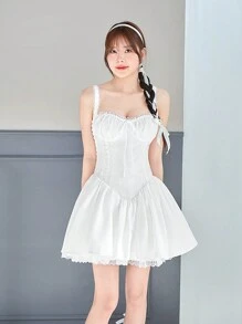 SHEINNeu 夏季白色连衣裙芭蕾蝴蝶结公主蕾丝边系带网眼吊带连衣裙生日女士服装情人节衣服 - 白色 - 查看 7