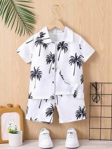 SHEIN 2 Piezas / Set Camisa Casual De Los Niños Pequeños Con Diseño Hawaiano, Conjunto Para La Vacaciones De Verano