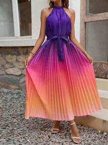 Breezaya Ombre Pleated Belted Halterneck Dress - Multicolor - View 1