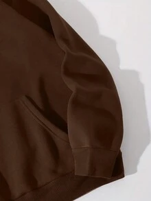 SHEIN EZwear 带标语印花保暖内衬抽绳连帽衫 - 咖啡棕 - 查看 5