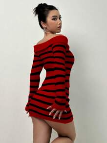 Flirla Women's Off Shoulder Striped Long Sleeve Sweater And Knit Skirt Two Piece Set Fall Cloth For Women - Red - View 2