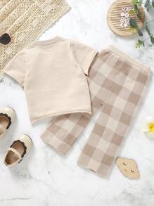Infant Short Sleeve Knit Top And Plaid Knit Pants Set - Apricot - View 2