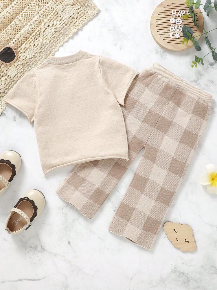 Infant Short Sleeve Knit Top And Plaid Knit Pants Set