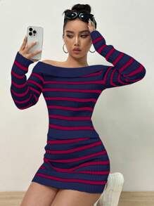 Flirla Của phụ nữ Off Shoulder Tay áo dài Sọc Áo len Và Váy len nửa mảnh Hai chiếc Bộ - Xanh đậm - Xem 6