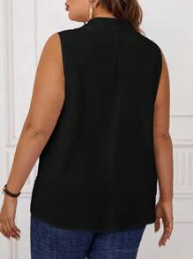 Miaspire Plus Size Women's Solid Color Bow Collar Sleeveless Blouse - Black - View 2
