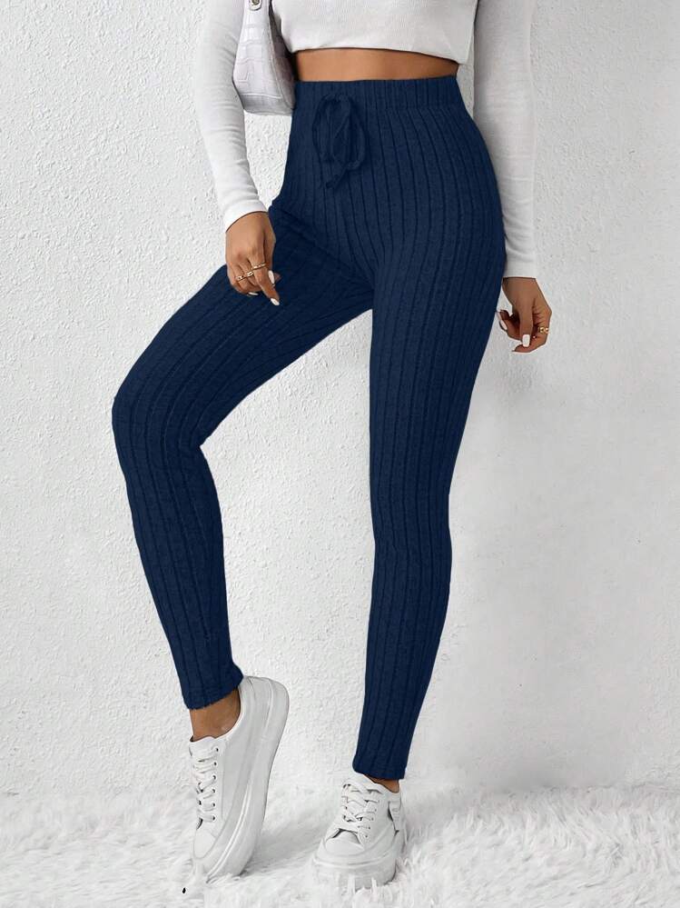 SHEIN Frenchy Solid Color Ribbed Knit Leggings Winter Casual Blue - Royal Blue - View 5