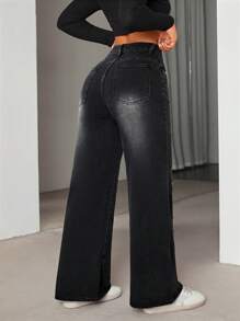 星形圖案水洗牛仔褲（不含腰帶） - 黑色 - 查看 2