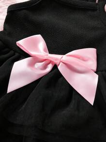 PETSIN 情人節黑色網眼蕾絲寵物衣服,粉色蝴蝶結