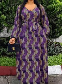 SHEIN LUNE 大尺寸全印花 V 領主教袖連身裙