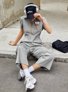 SHEIN EZwear 灰色編織女士連身褲,斜口袋和拉鍊前 - 灰色 - 查看 6