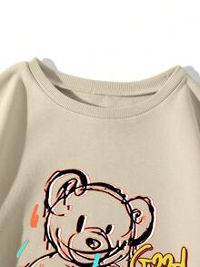 SHEIN EZwear Women's Letter & Bear Printed Round Neck Sweatshirt - Beige - View 3