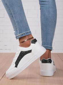 女士黑白系帶輕質皮革拼接平底運動鞋,休閒運動鞋 - 黑與白 - 查看 2