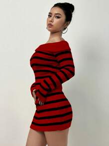Flirla Women's Off Shoulder Striped Long Sleeve Sweater And Knit Skirt Two Piece Set Fall Cloth For Women - Red - View 4