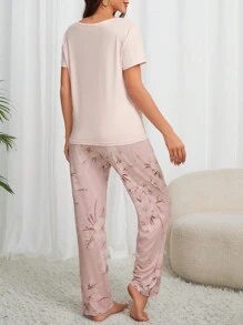 Dream Adore Women's Round Neck Short Sleeve T-Shirt And Floral Print Pants Pajama Set - Multicolor - View 2