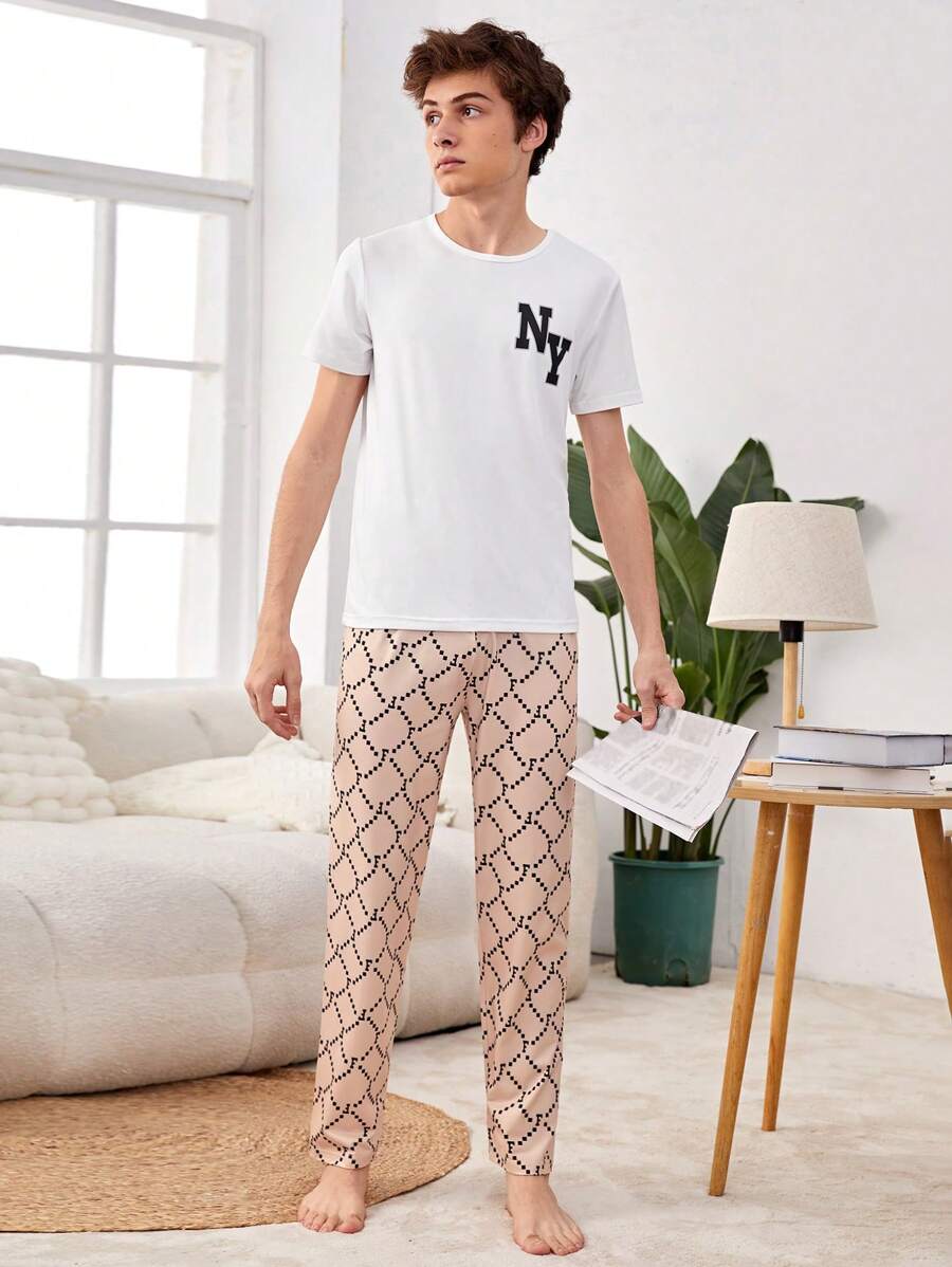 Teen Boy Plaid Pants & Short Sleeve Casual Two Pieces Set, Home Clothing - White - View 1