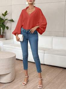 SHEIN Privé Women's Elegant Resort & Office Stylish Lantern Sleeve Button V-Neck Polka Dot Print White Shirt Old Money Quiet Luxury Fall Clothes Work Women Blouses Fall Blouses - Red - View 6