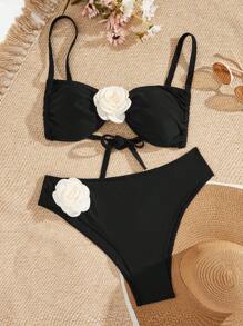Swim Vcay Summer Beach Plus Size Women's 3d Flower Embellished Spaghetti Strap Bikini Set Wedding - Black - View 3