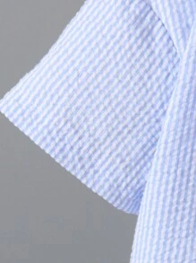 SHEIN Mùa hè Bong bóng Textured Sọc Ngắn tay Áo sơ mi Với Mặt trước Nút Và Túi Đồ trang trí - Màu xanh nhạt - Xem 3